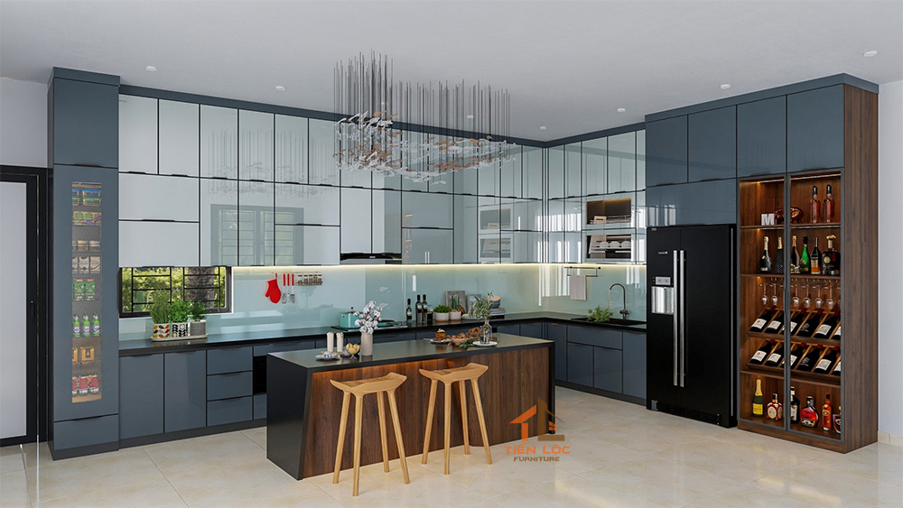 Thi công nội thất 18 tủ bếp khung inox cánh kính cường lực
